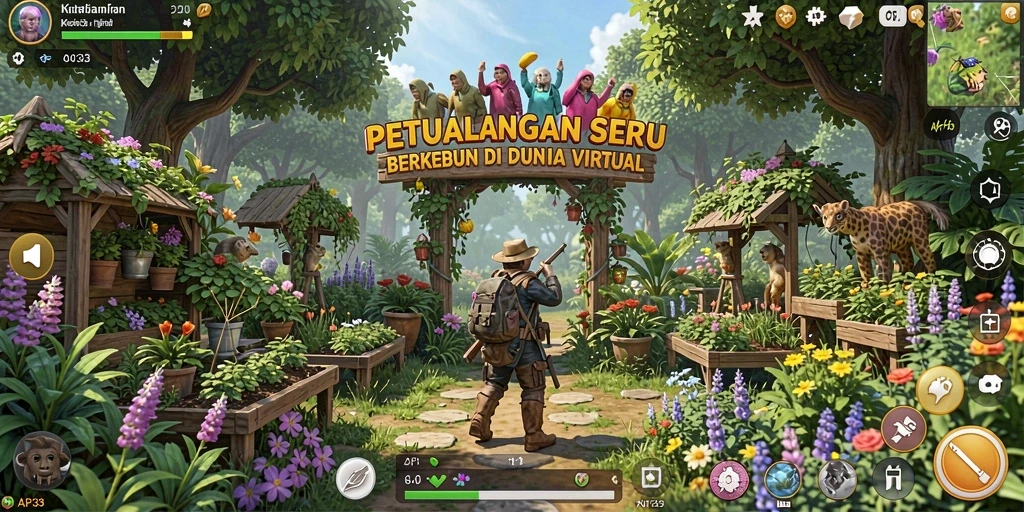Screenshot menunjukkan pemain sedang panen hasil kebun yang subur.