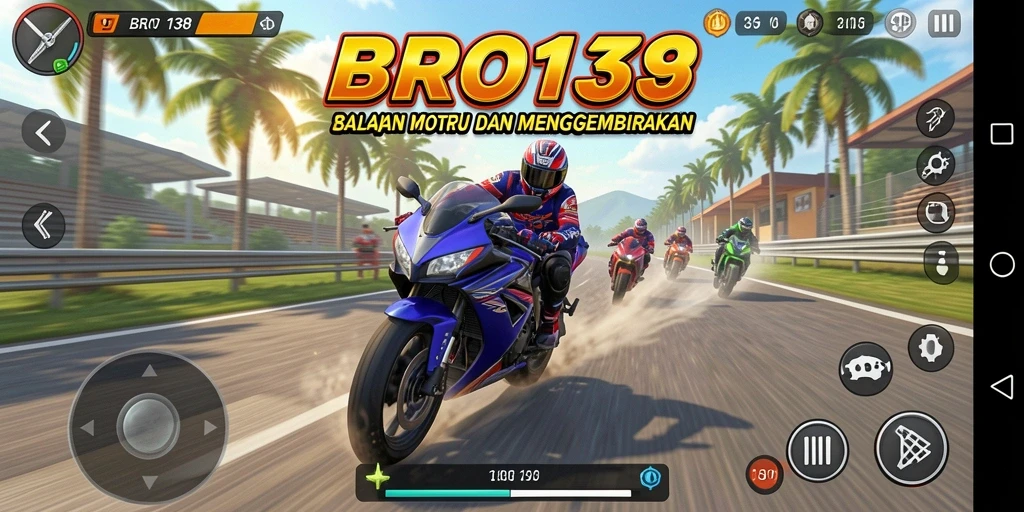 Tangkapan layar utama BRO138 menunjukkan balapan motor yang intens.