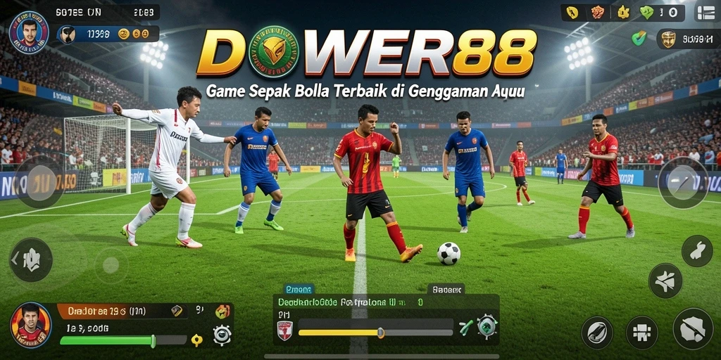 Screenshot dari gameplay DOWER88 menampilkan aksi sepak bola yang mendebarkan.