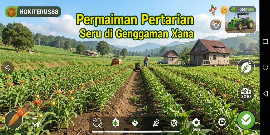 Tampilan gameplay HOKITERUS88 dengan lahan pertanian yang subur dan beragam tanaman.