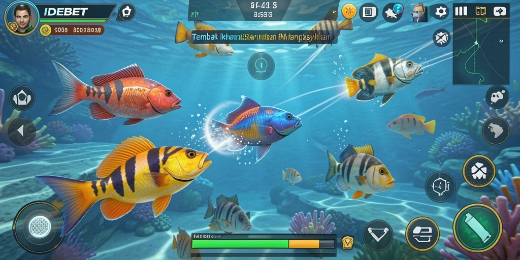 Screenshot gameplay IDEBET menampilkan aksi seru menembak ikan.