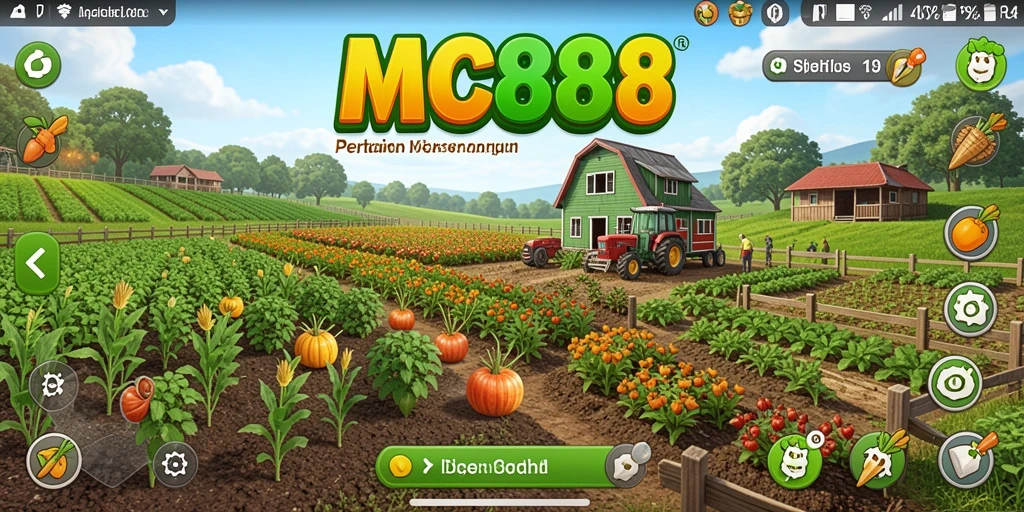 Tampilan gameplay MC888 dengan kebun yang subur dan aktivitas bercocok tanam.