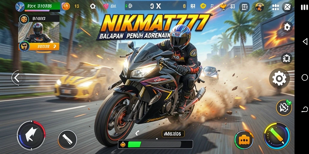 Screenshot gameplay <strong>NIKMAT777</strong> menampilkan aksi balapan motor yang mendebarkan.