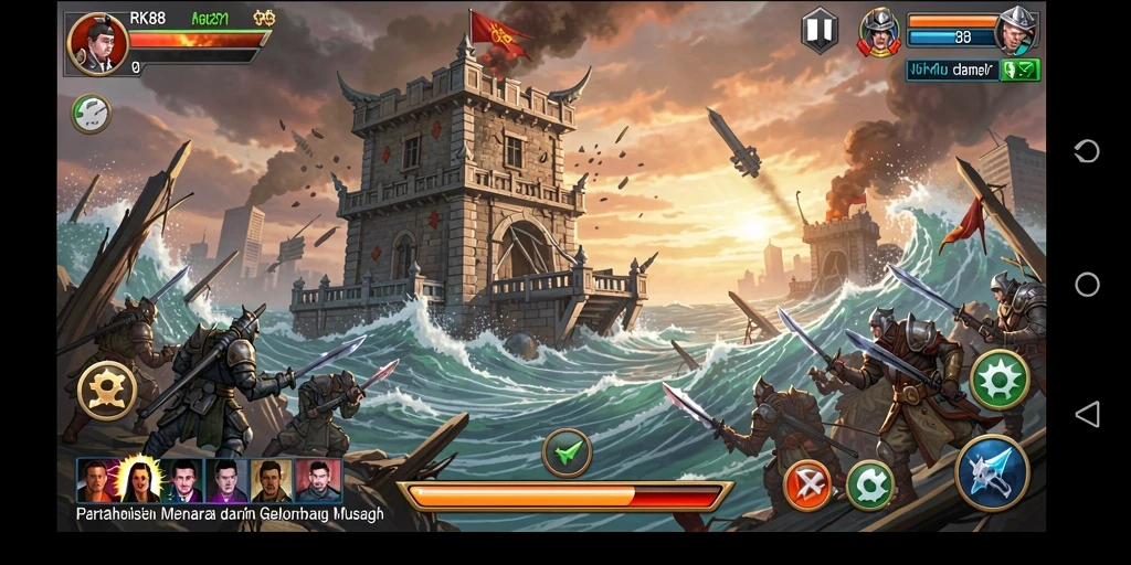 Screenshot utama RK88 menampilkan aksi seru Tower Defense di medan pertempuran.