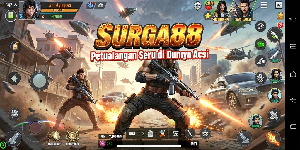 Tangkapan layar utama SURGA88 menampilkan aksi seru di medan perang.