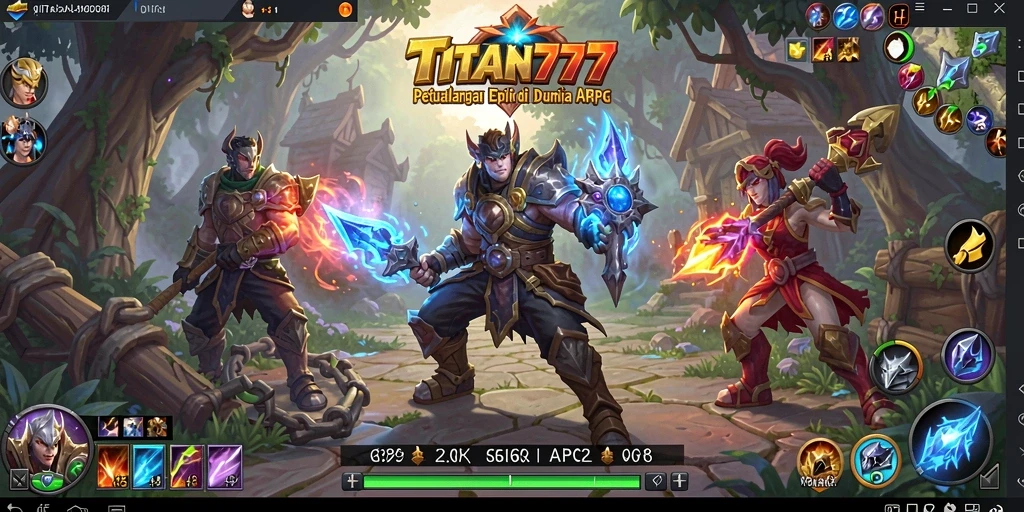 Screenshot utama TITAN777 menampilkan pertempuran epik di dunia fantasi.