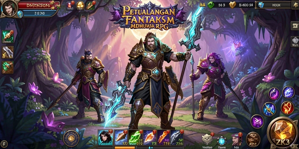 Screenshot ZK3 menampilkan pertempuran epik dalam dunia RPG.
